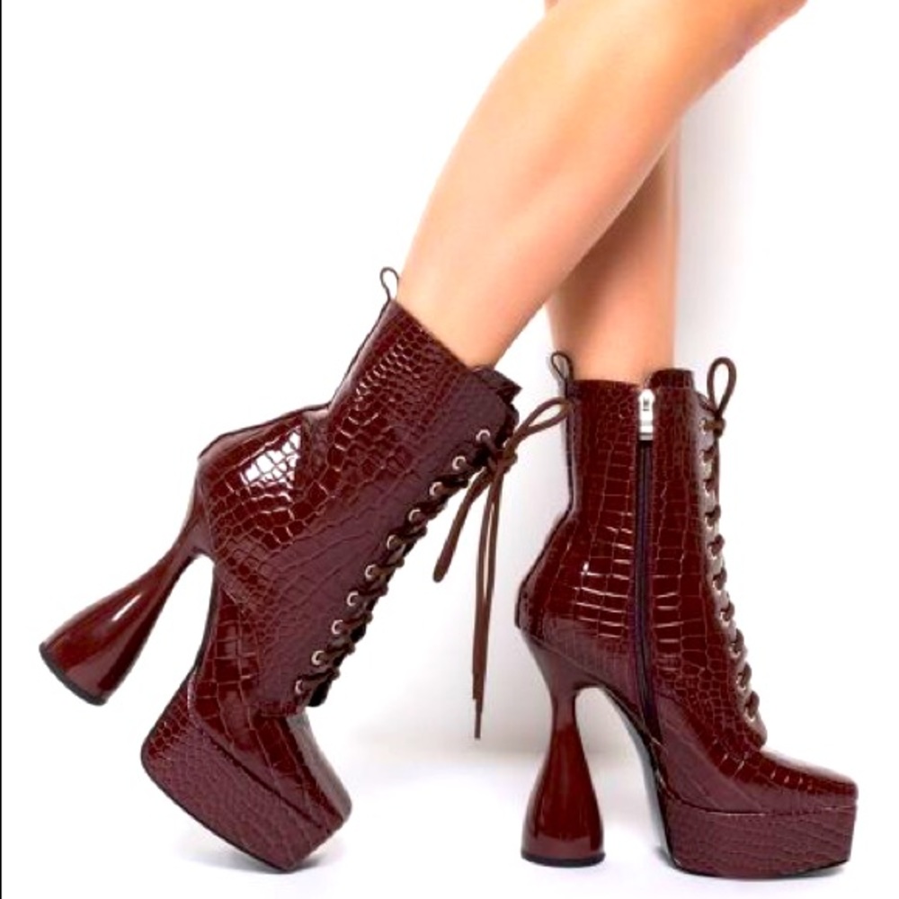 Azalea Wang Chocolate Brown Vegan Croc Embossed Patent Leather Platform …